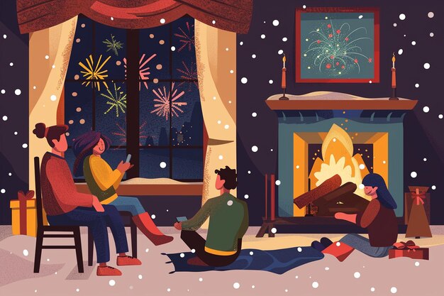 Vector cozy indoor scene family gathers