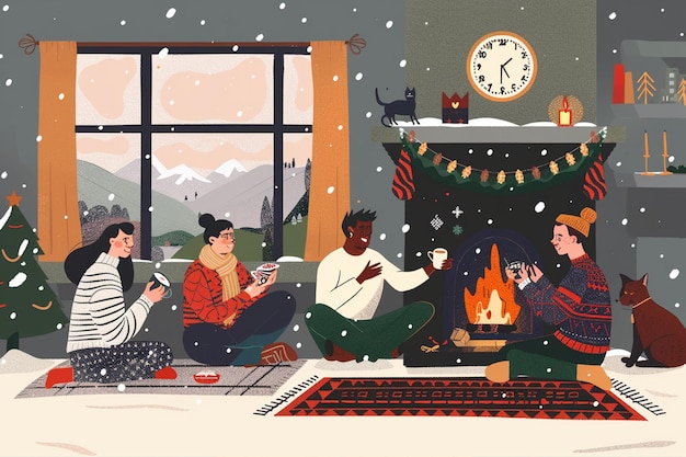 Vector cozy indoor scene with friends gathering