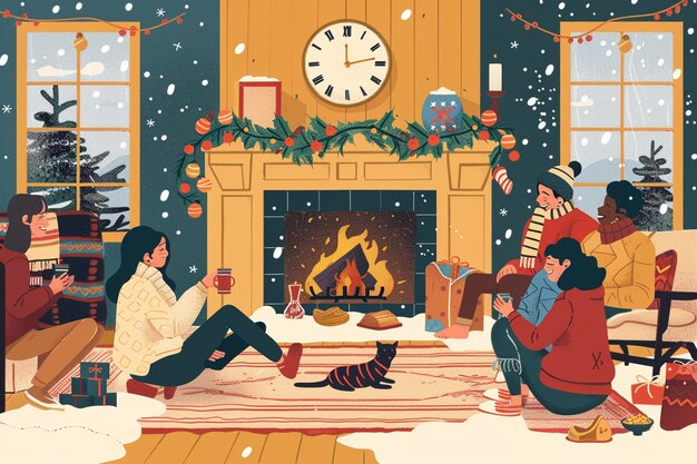 Vector cozy indoor scene with friends gathering