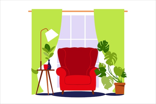 Cozy interior of a modern living room with an armchair, room plants, window and lamp. Vector illustration.