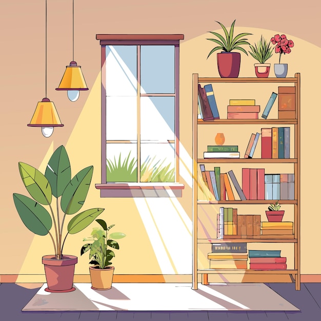 Cozy interior with bookshelves plants and natural light