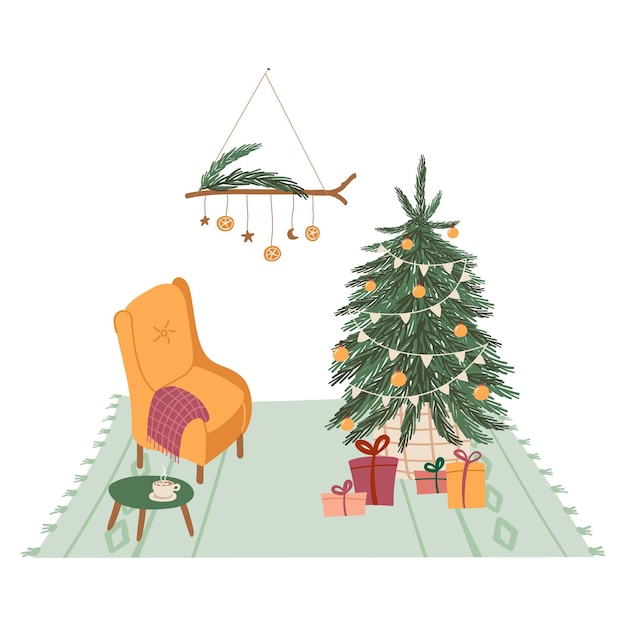 Cozy interior with Christmas tree and gift boxes vector hand drawn illustration