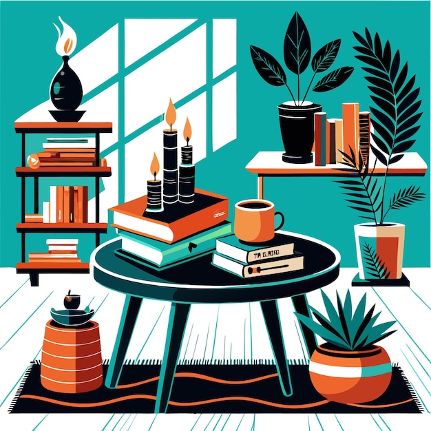 Vector cozy interior with plants books and candles