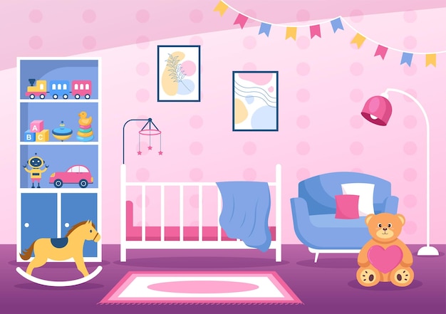 Cozy Kids Bedroom Interior with Furniture on Modern Style in Cartoon Vector Illustration