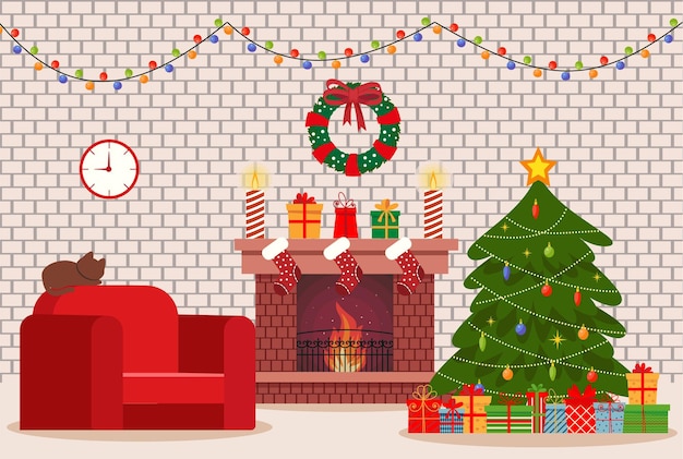 Cozy living interior Christmas with red sofa, gifts, and tree. Vector flat style illustration.