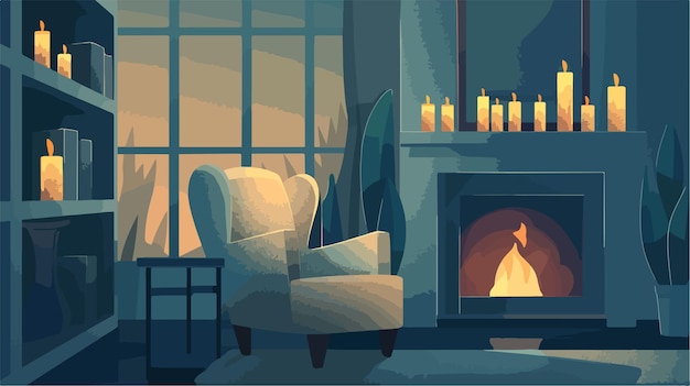 Vector cozy living room ambiance with burning candles and workspace decor