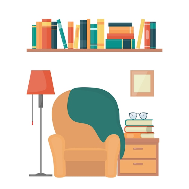 Cozy living room armchair nightstand books floor lamp bookshelf Interior elements of home library Love reading concept illustration flat style vector