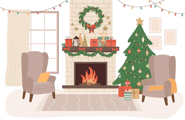 Cozy living room decorated for the Christmas Winter holidays interior with Xmas tree fireplace gifts