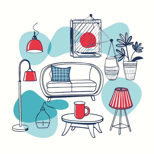 A cozy living room illustration with furniture and decor elements