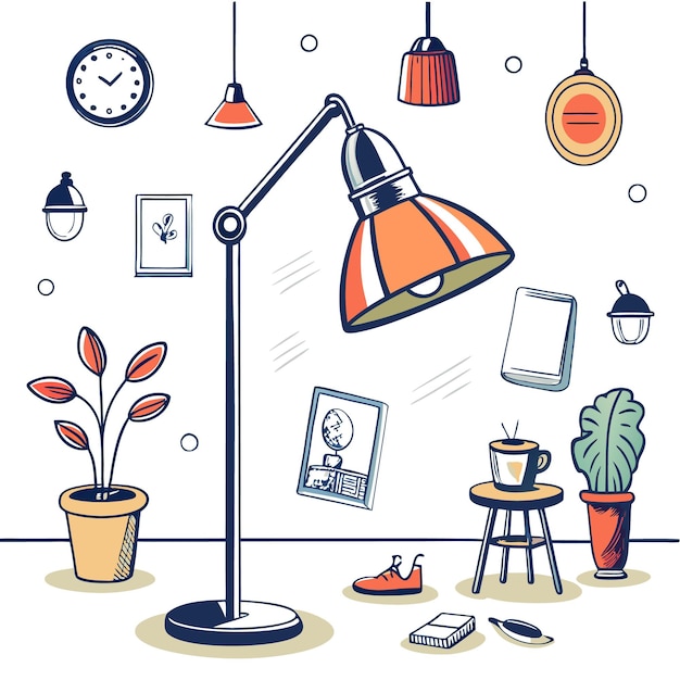 Vector a cozy living room interior with a standing lamp plants and a cup of coffee on a stool