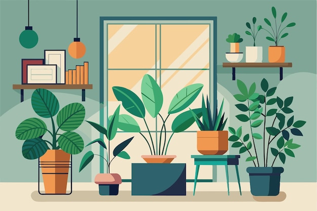 Vector a cozy living room showcases a variety of indoor plants arranged by the window indoor plants customizable semi flat illustration