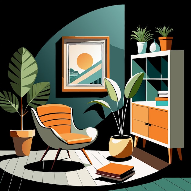 Vector a cozy living room with an armchair a bookshelf potted plants and a framed picture