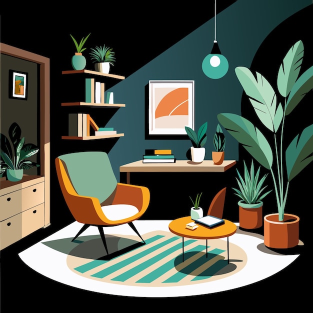 Vector cozy living room with armchair coffee table plants and bookshelf