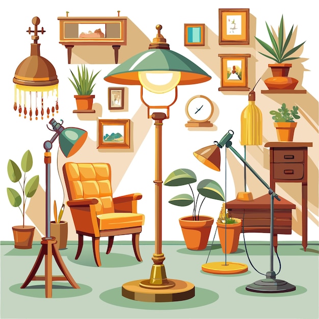 Vector a cozy living room with a comfortable armchair floor lamp potted plants and decorative elements