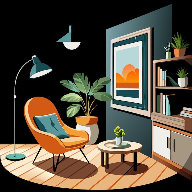 Vector cozy living room with a comfy armchair a side table a floor lamp a houseplant a bookshelf and artwork on the wall