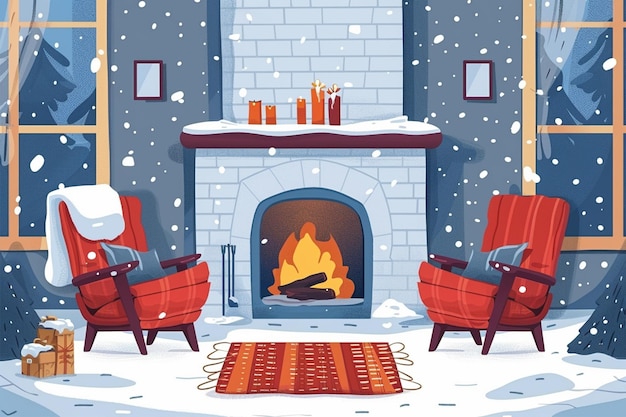 Vector cozy living room with fireplace scene