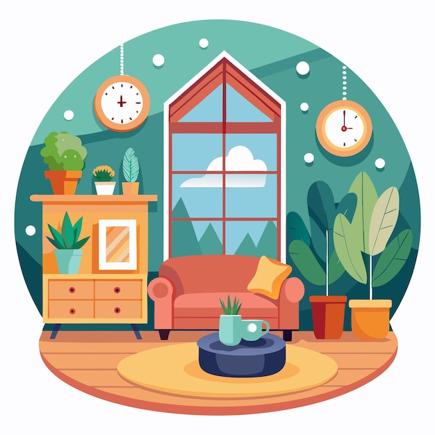 Vector cozy living room with sofa plants and clocks