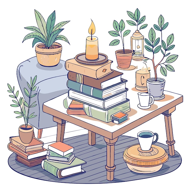 Cozy living room with a stack of books a lit candle potted plants and a cup of coffee on a coffee table