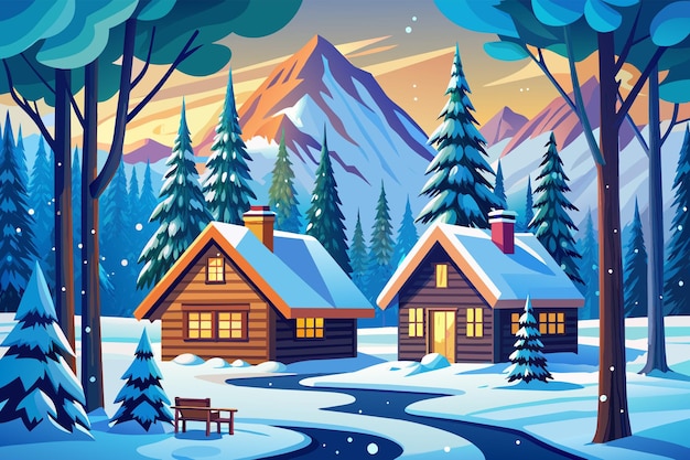 Cozy log cabins in a snowy forest vector illustration