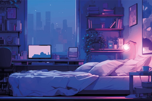 Vector cozy nighttime bedroom workspace