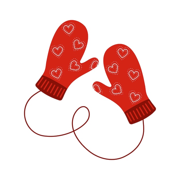 Cozy pair of knitted mittens with hearts pattern Woolen winter gloves isolated on the white background Vector flat illustration