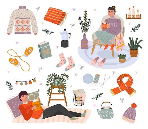 Cozy people characters Relax time at home young man and woman chill among cozy little things knitwear and comfort House pleasant winter hygge interior Cartoon vector set