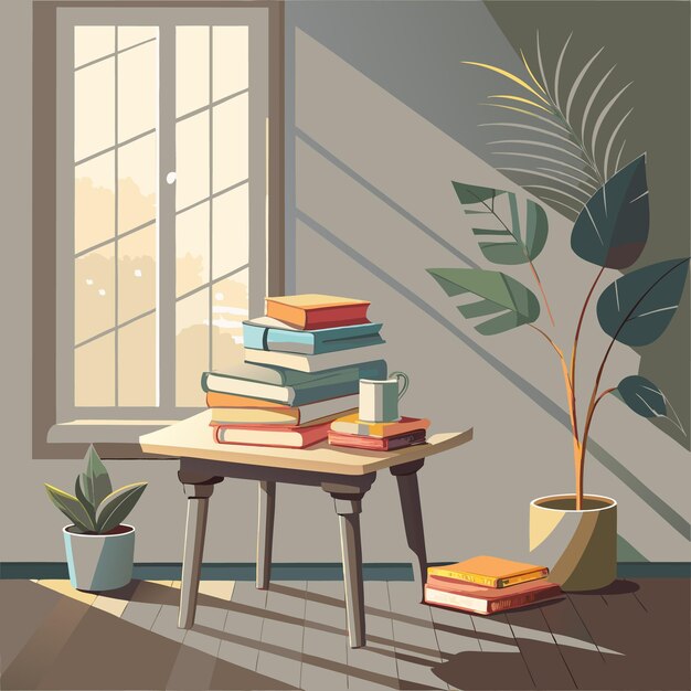 Vector cozy reading nook with books plant and sunlight