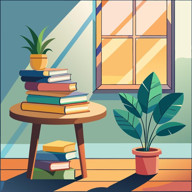 Vector cozy reading nook with books plants and sunlight