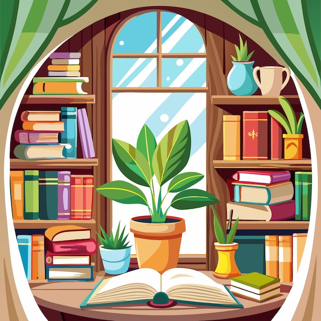 Vector a cozy reading nook with bookshelves an open book and a plant