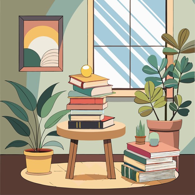 Vector cozy reading nook with plants and stacked books