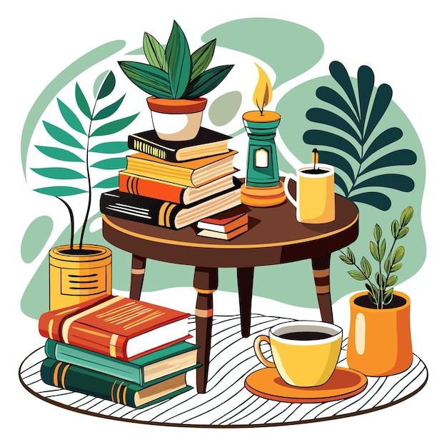 A cozy reading nook with a stack of books a candle a cup of coffee and plants on a small table