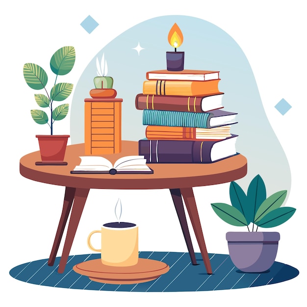 Vector a cozy reading nook with a stack of books a cup of coffee and a lit candle on a wooden table