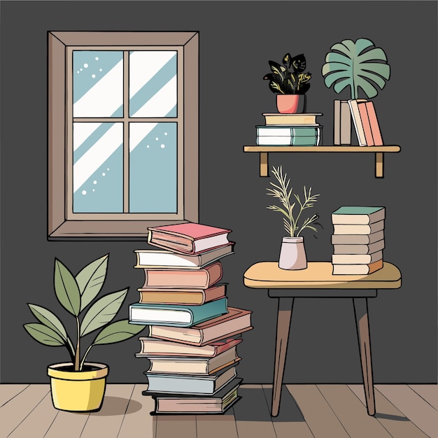 Vector cozy reading nook with a window books plants and a table