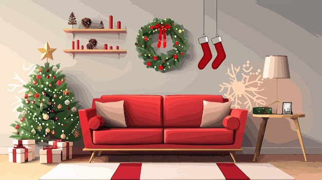 Vector cozy red sofa with christmas wreath and fir tree in living room