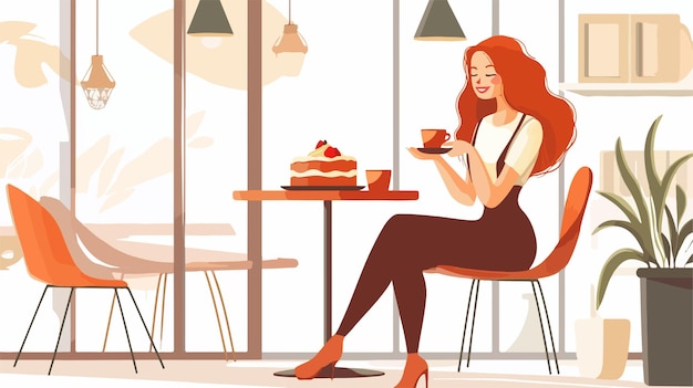 Vector cozy redhead woman enjoying coffee and cake in a homely setting