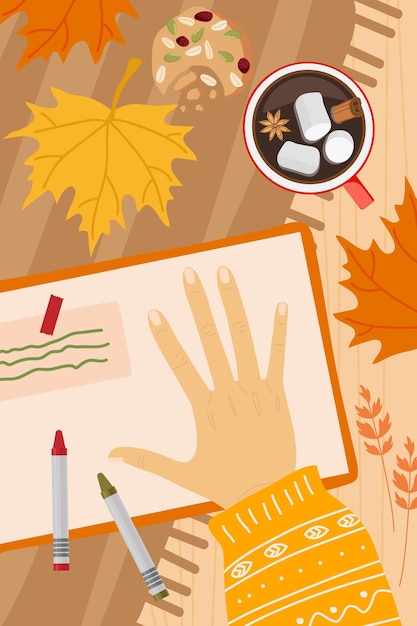 Cozy romantic concept with creative notebook, hot drink, cookies, girl hand, Autumn red leaves