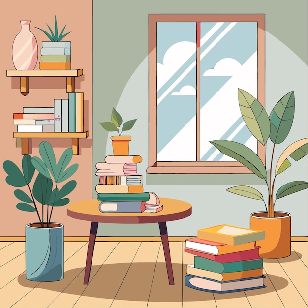 Cozy room with books plants and a window