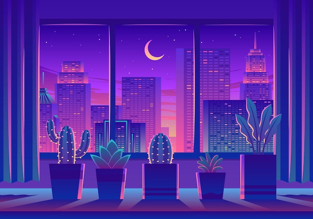 Cozy Room With City Landscape From Window Illustration