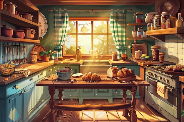 Vector cozy rustic kitchen scene