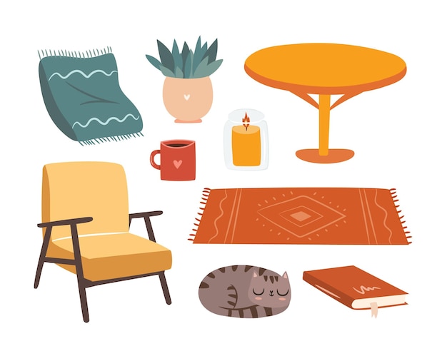 Cozy scandi interior set. Home iterior constuctor. Flat vector object illustration.