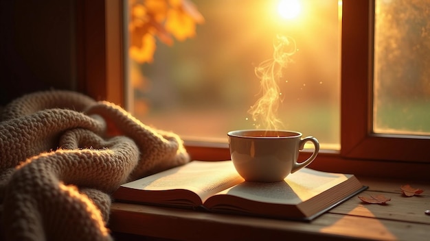 Vector cozy scene with coffee book blanket and sunlight