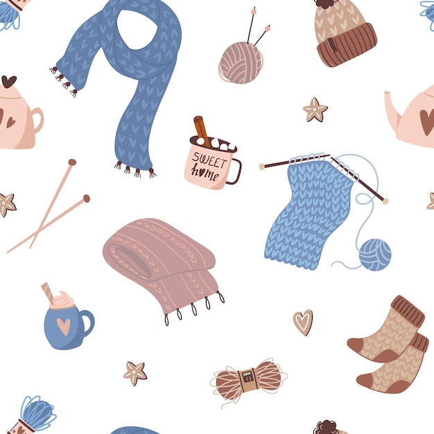 Cozy seamless pattern in hygge style with knitting and coffee with marshmallows Vector