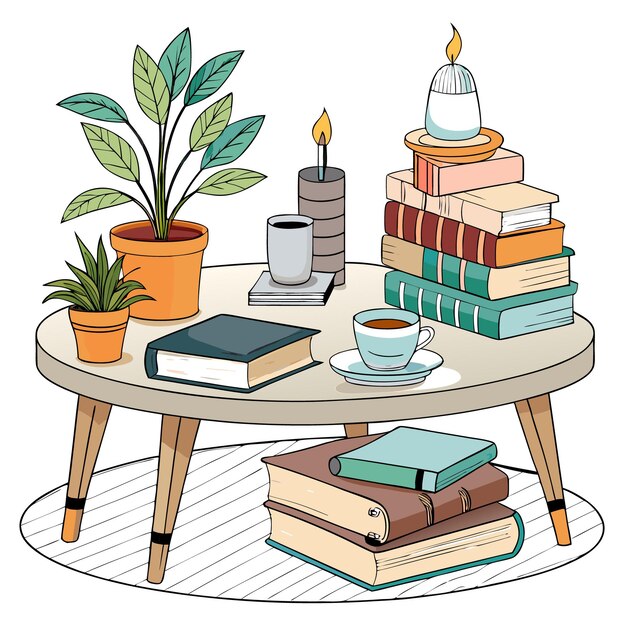 A cozy table with books candles coffee and plants