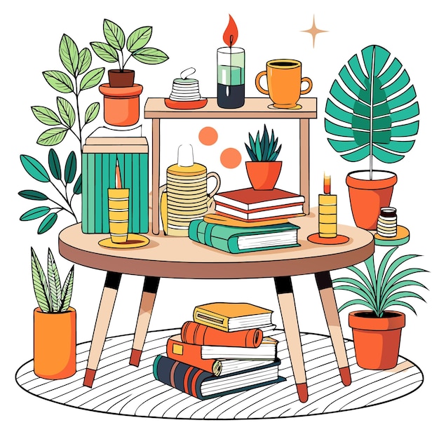 Vector a cozy table with books plants and candles