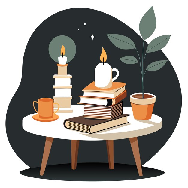 Vector cozy tabletop with candles books and a potted plant