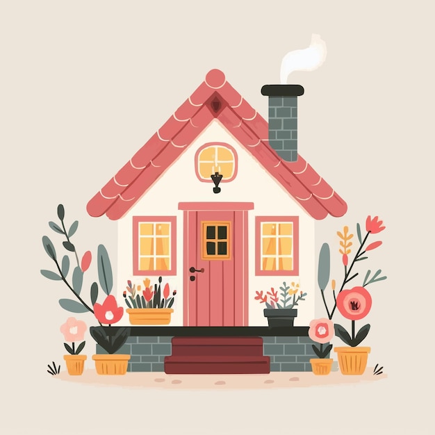 Vector cozy vector clipart isolated on background with cute house and flowers