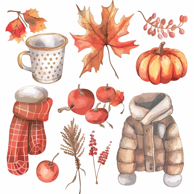 Vector cozy watercolor autumn clipart isolated on white background