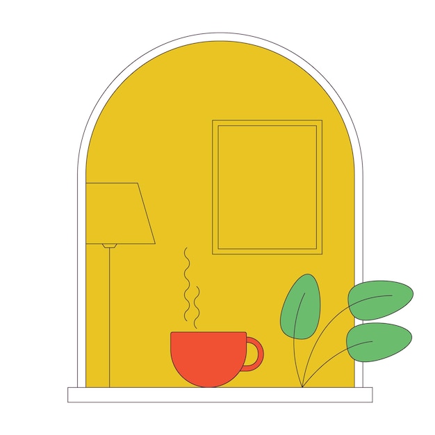 Cozy window flat line concept vector spot illustration Hot drink cup and houseplant 2D cartoon outline object on white for web UI design Editable isolated color hero image