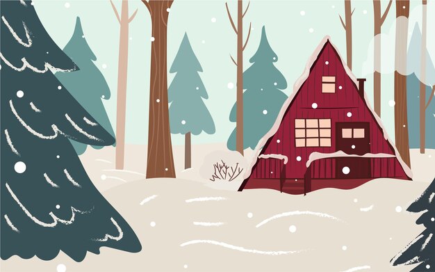 Vector cozy winter background. cabin in the woods. christmas card design. flat vector illustration.