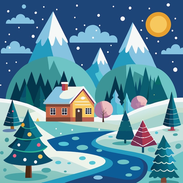 Vector a cozy winter cabin nestled amidst snowcapped mountains a winding river flows through the snowy landscape with a christmas tree in the foreground